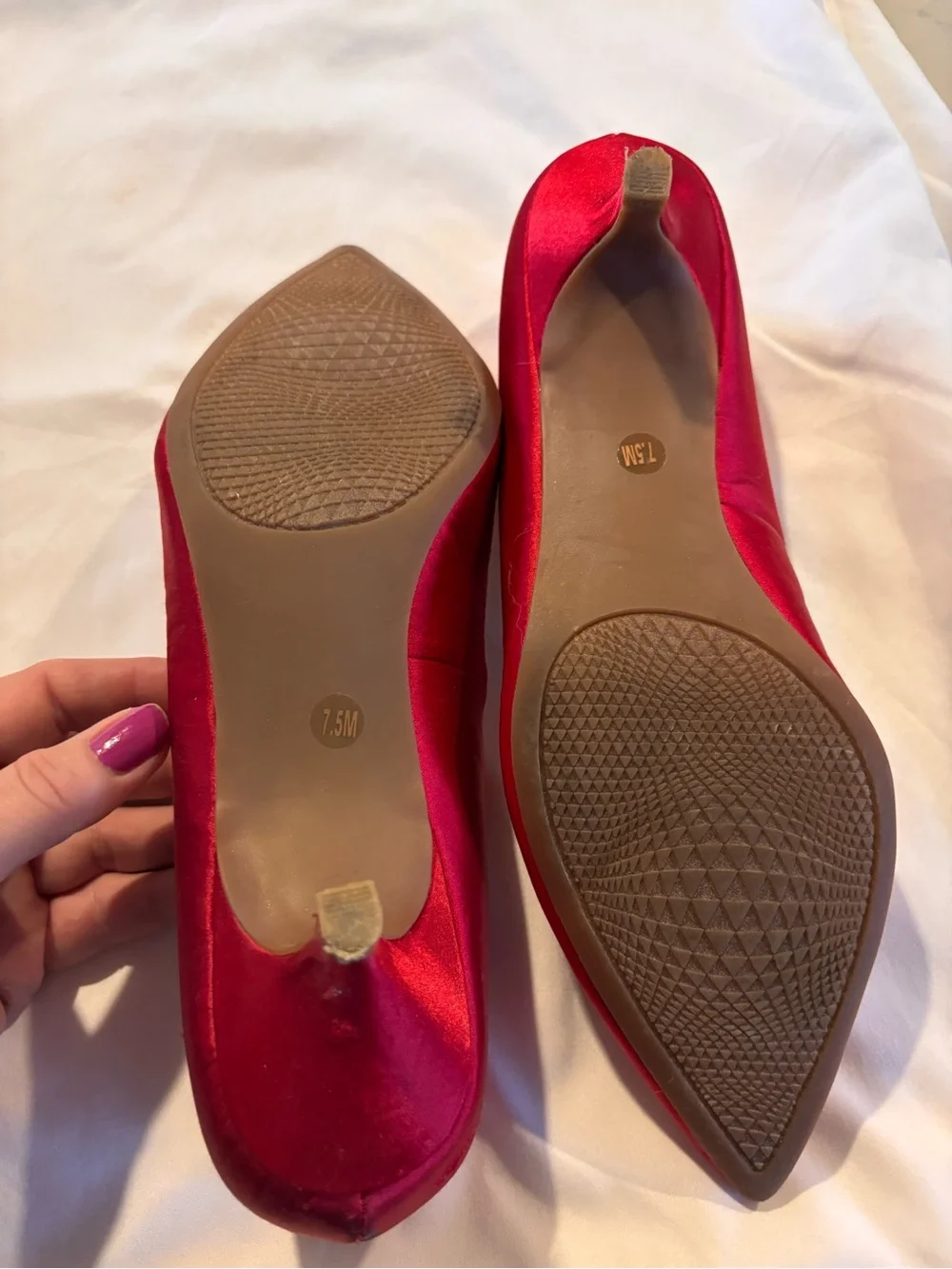 Red Satin Pointed-Toe Kitten Heel  with Crystal Brooch Accent